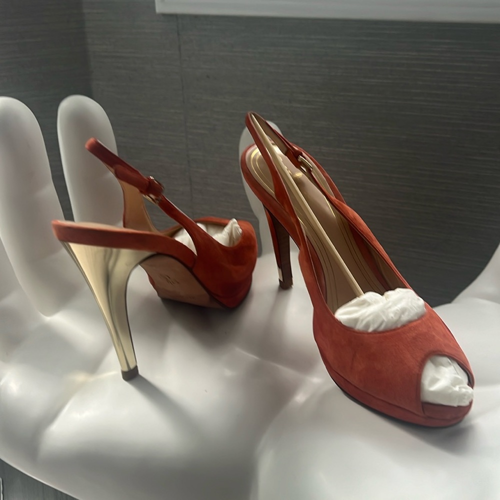 Cole Haan beautiful orange Suede 4 1/2 gold heels.